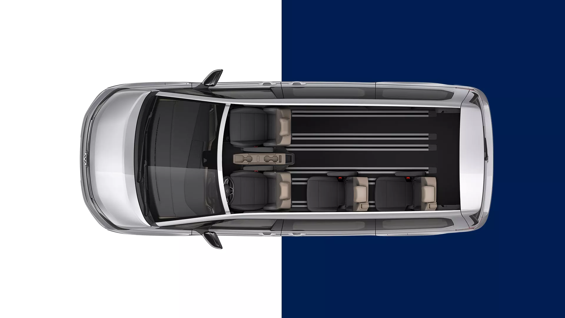 VW Multivan von oben mit 2 Vordersitzen und einem Einzelsitz links i mittlerem Bereich und einem Einzelsitz links im hinterem Bereich des Fahrzeuges