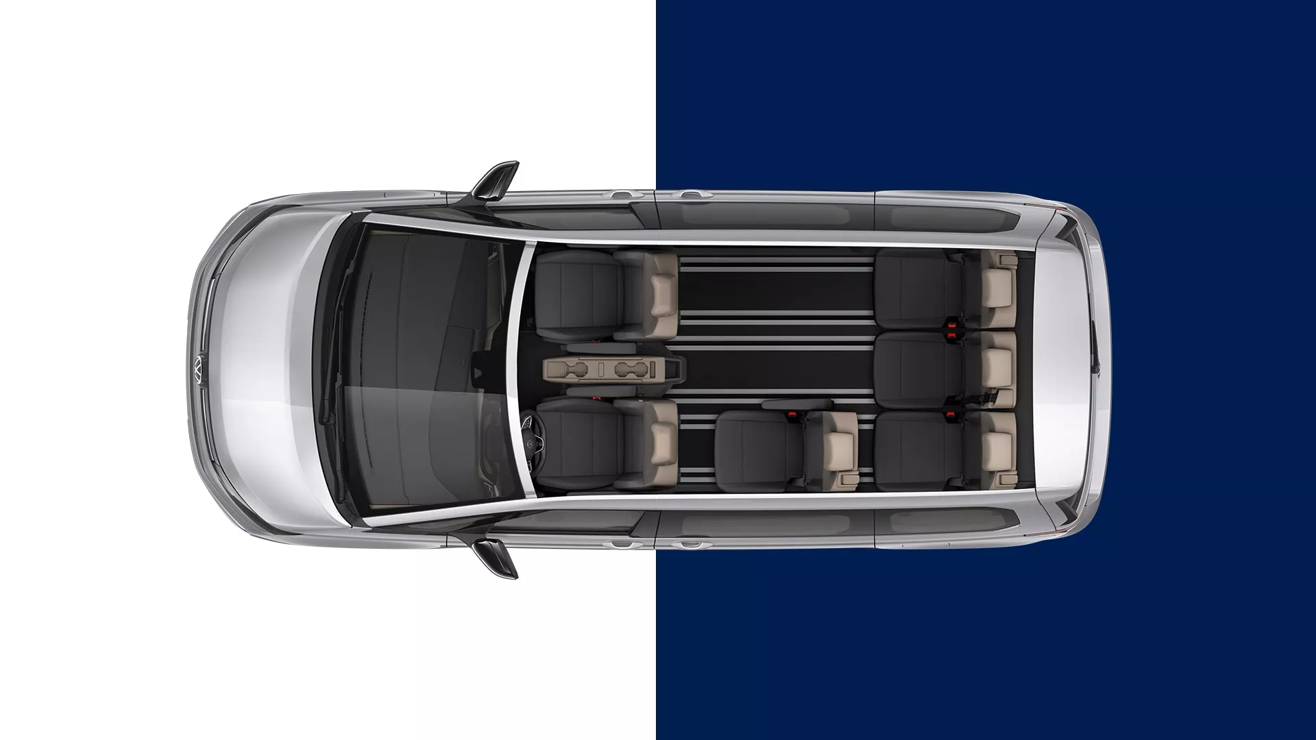 VW Multivan mit 2 Vordersitzen, einem Einzelbank in der Mitte und 3 Sitzen im hinterem Bereich