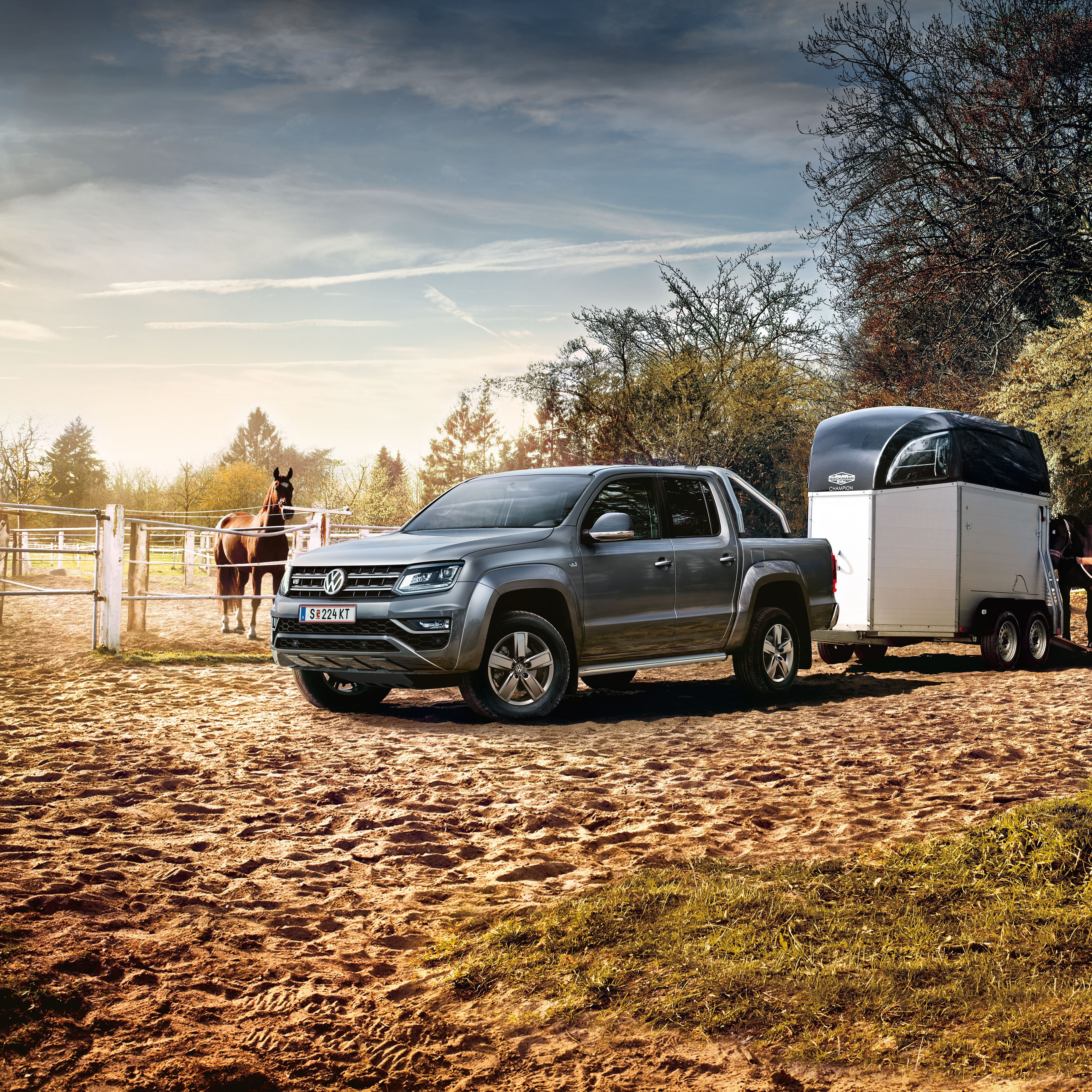 Volkswagen Amarok с ремарке за коне в конна база до ездачи и пасищни коне