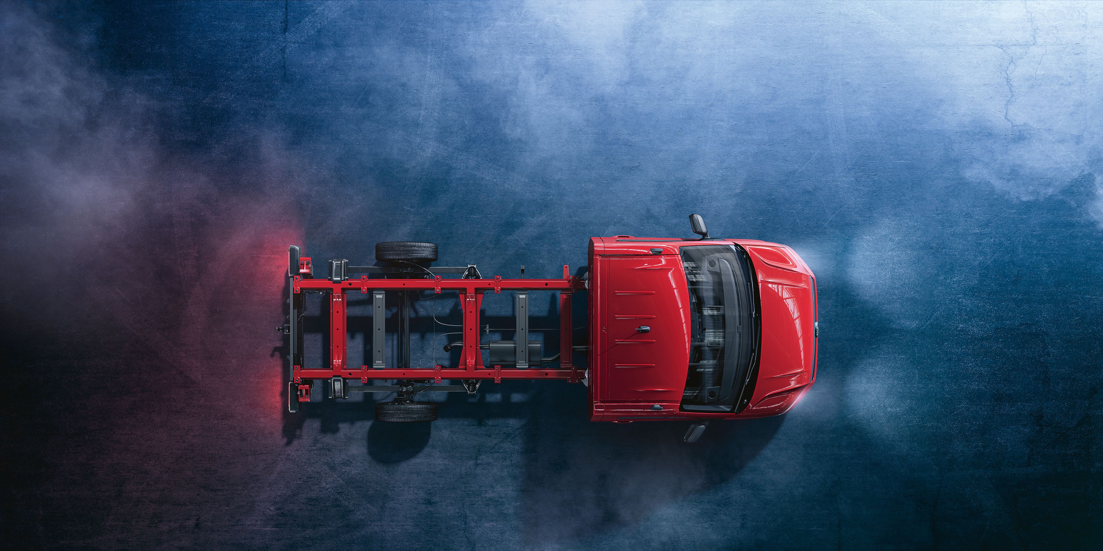 Червен Crafter Шаси-кабина от Volkswagen Лекотоварни автомобили отгоре.