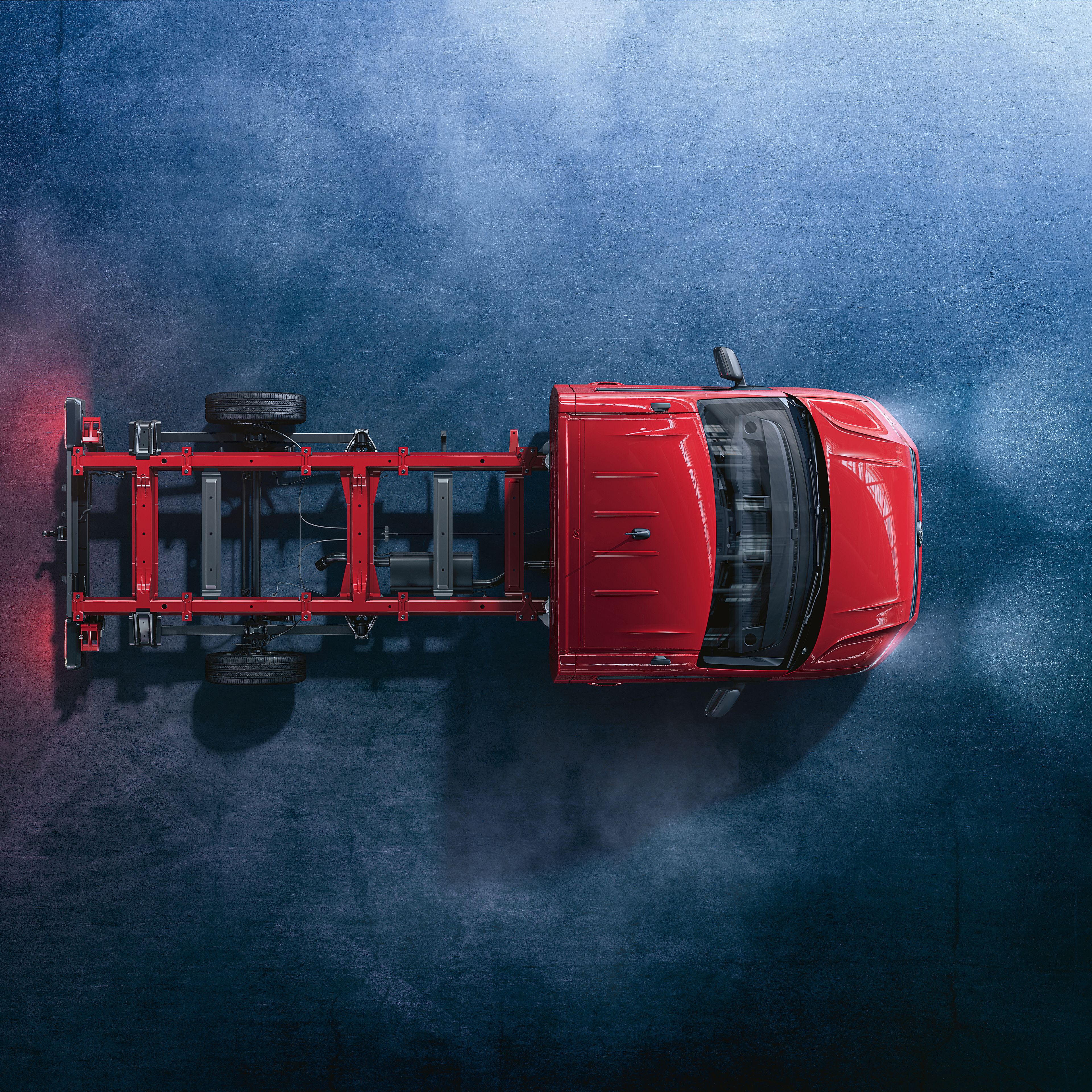 Червен Crafter Шаси-кабина от Volkswagen Лекотоварни автомобили отгоре.