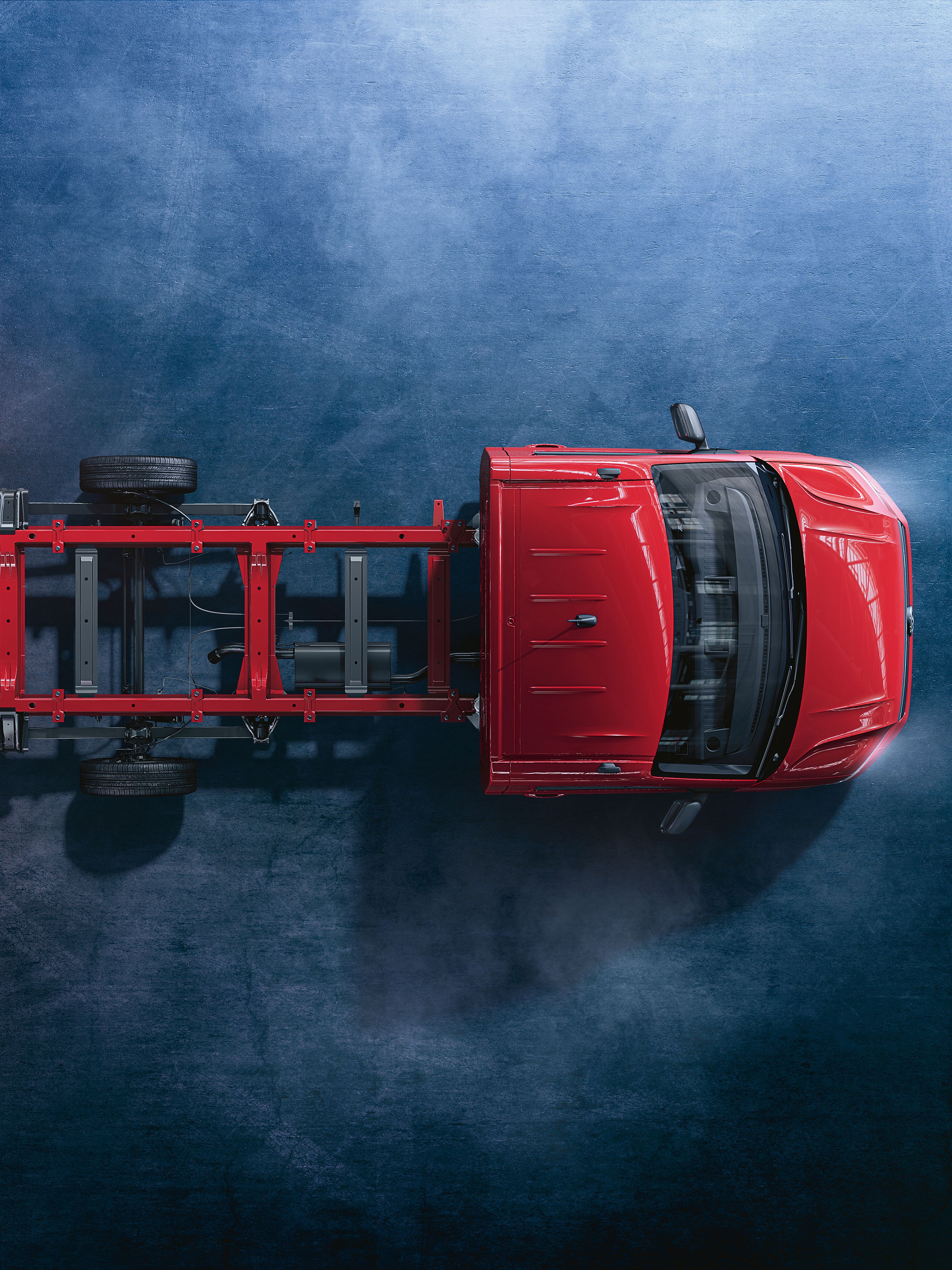 Червен Crafter Шаси-кабина от Volkswagen Лекотоварни автомобили отгоре.