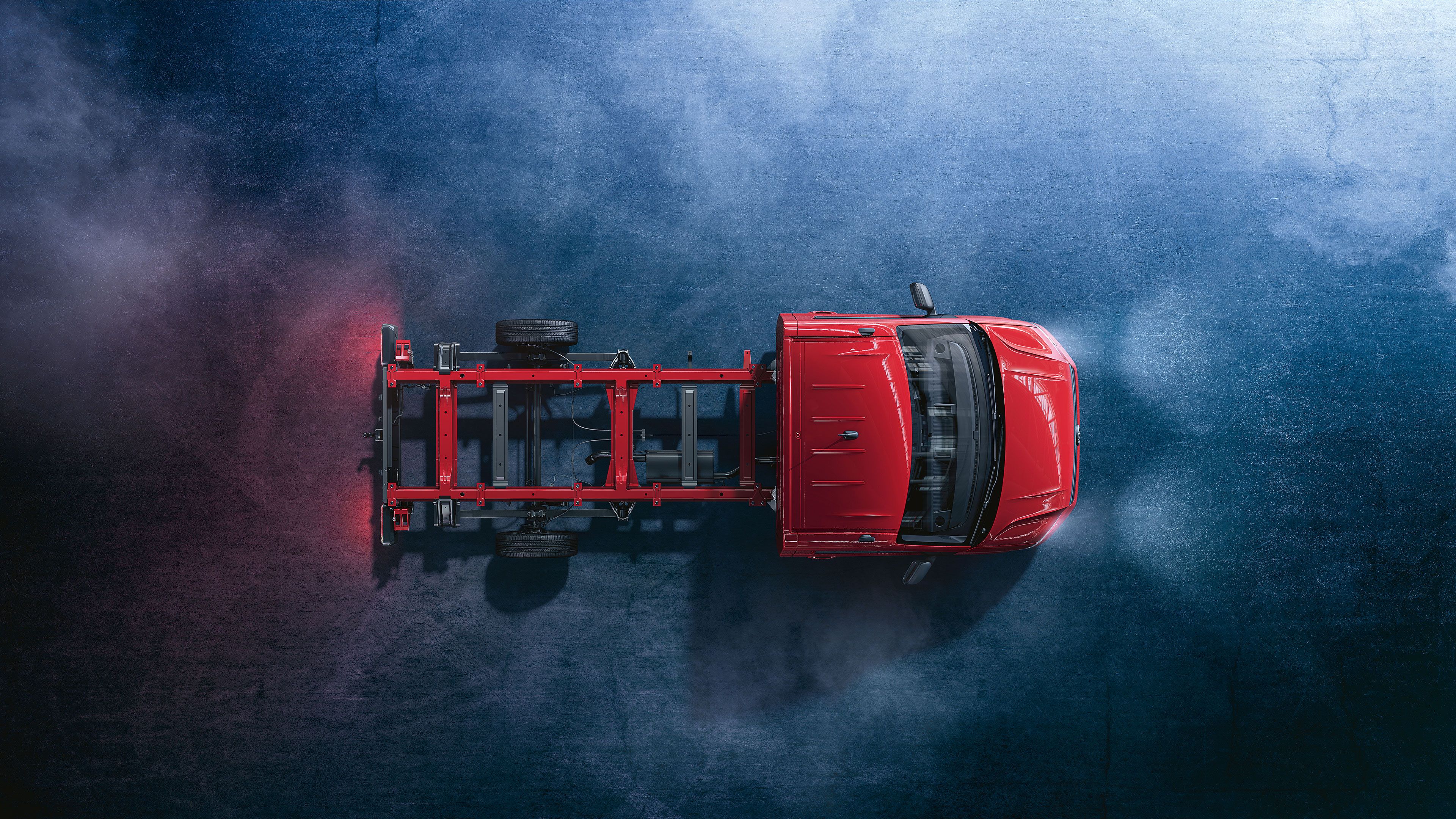 rotes VW Crafter Fahrgestell von oben