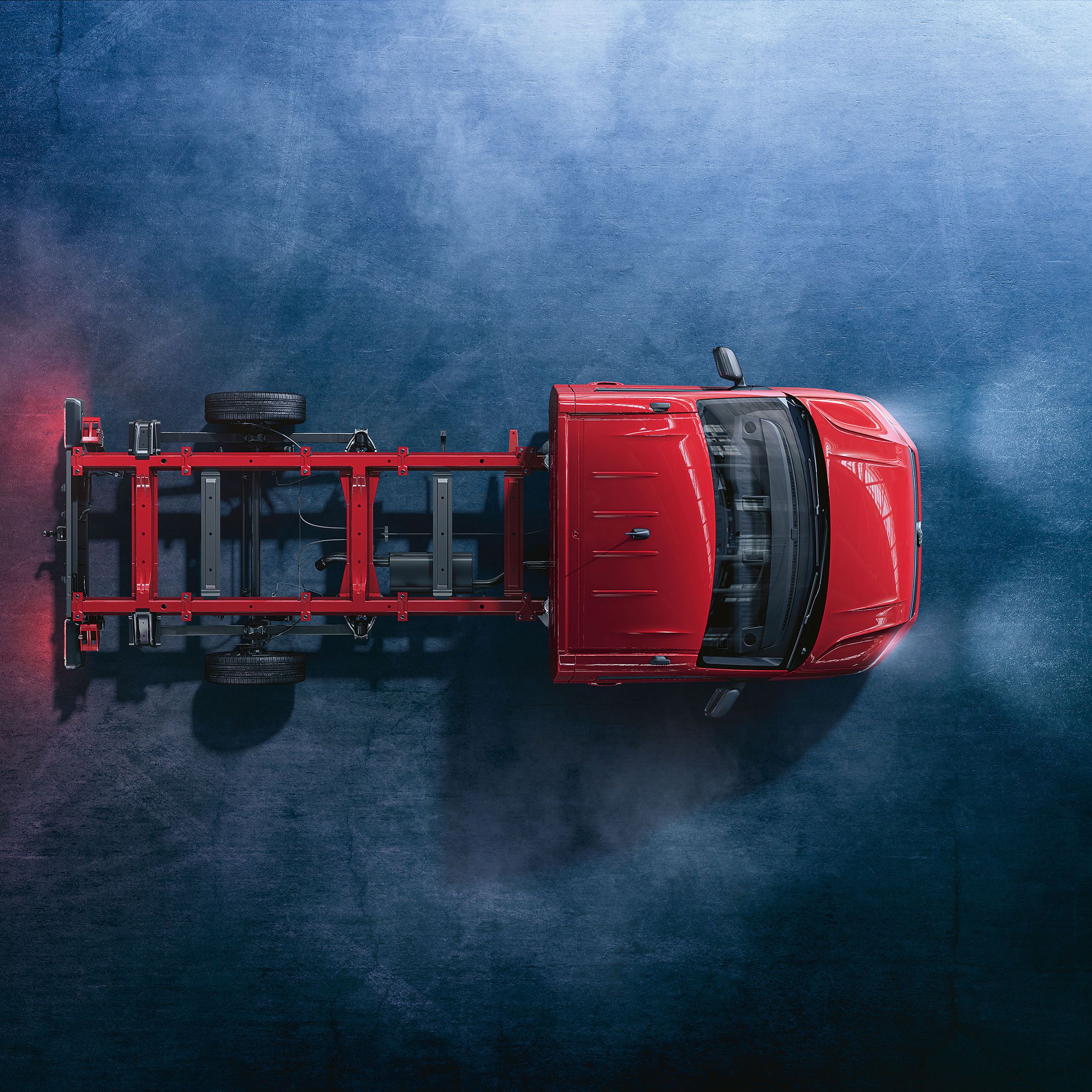 rotes VW Crafter Fahrgestell von oben