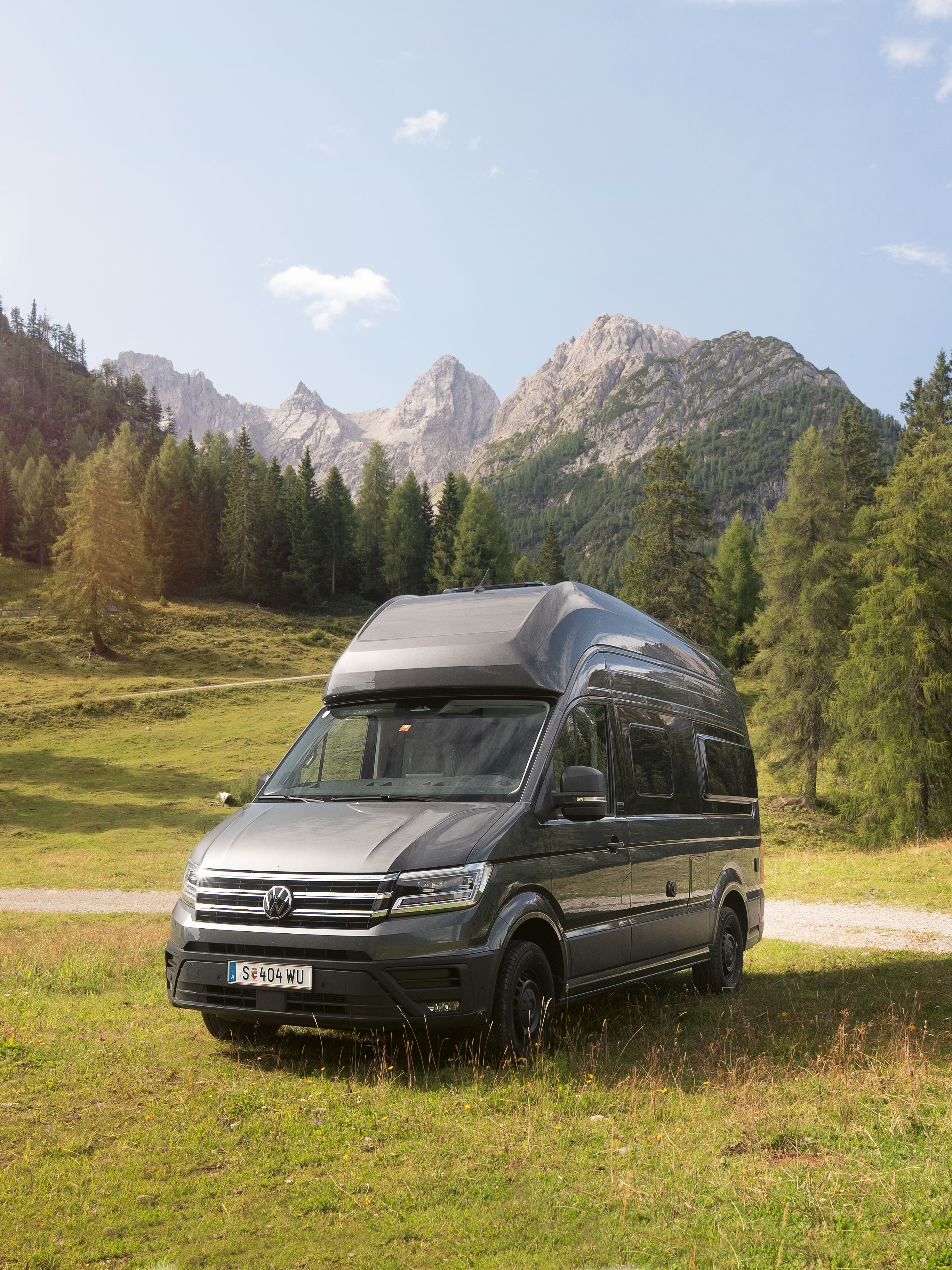 Ein silberner Wohnmobil-Van steht auf einer grünen Wiese vor einer malerischen Berglandschaft mit Bäumen und blauem Himmel.