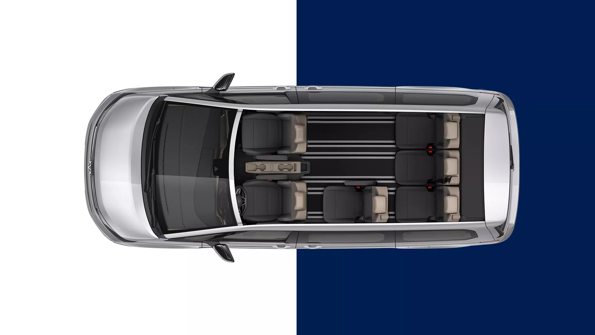 VW Multivan von oben mit 2 Vordersitzen, einem Einzelsitz in der 2ten Sitzreihe und 3 Sitzen auf der Rückbank
