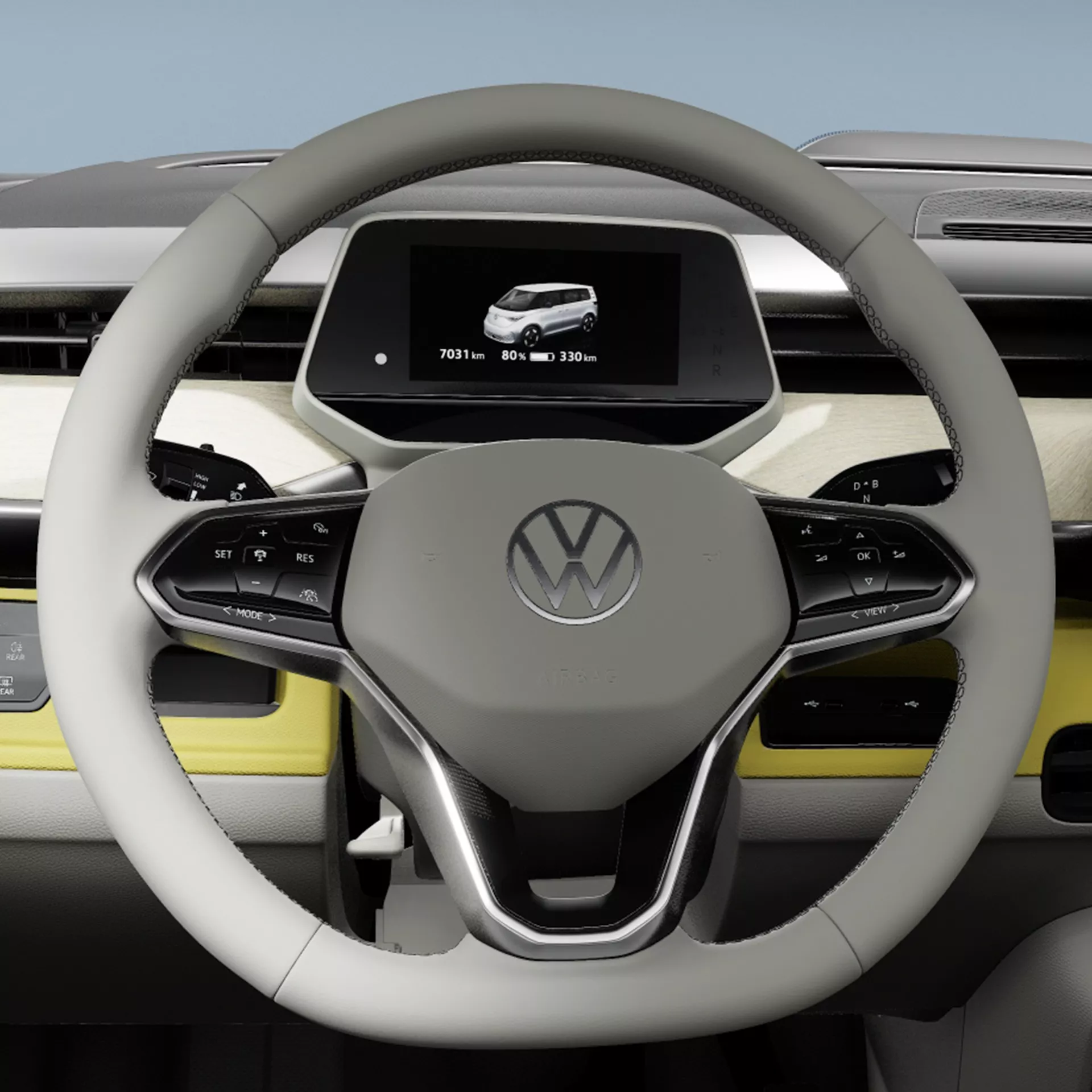 Мултифункционален волан на електрическия Volkswagen ID. Buzz с дигитален кокпит и дисплей за оставащ пробег.