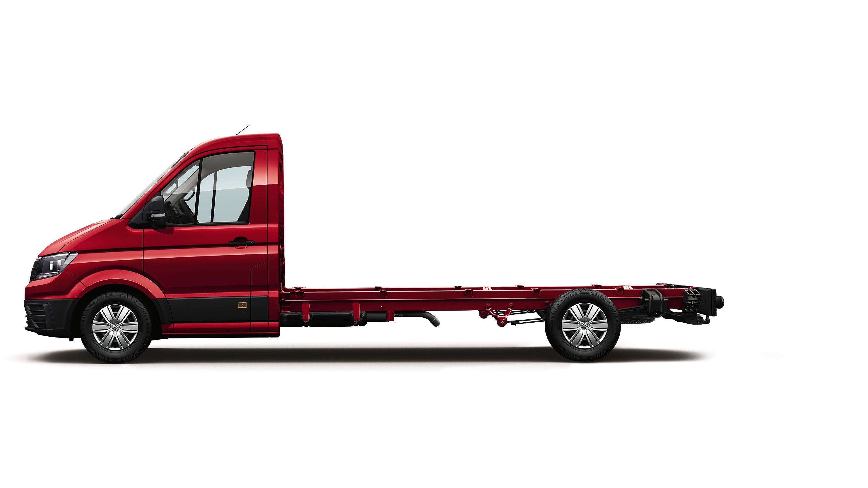 Червен Volkswagen Crafter шаси кабина, изглед отстрани