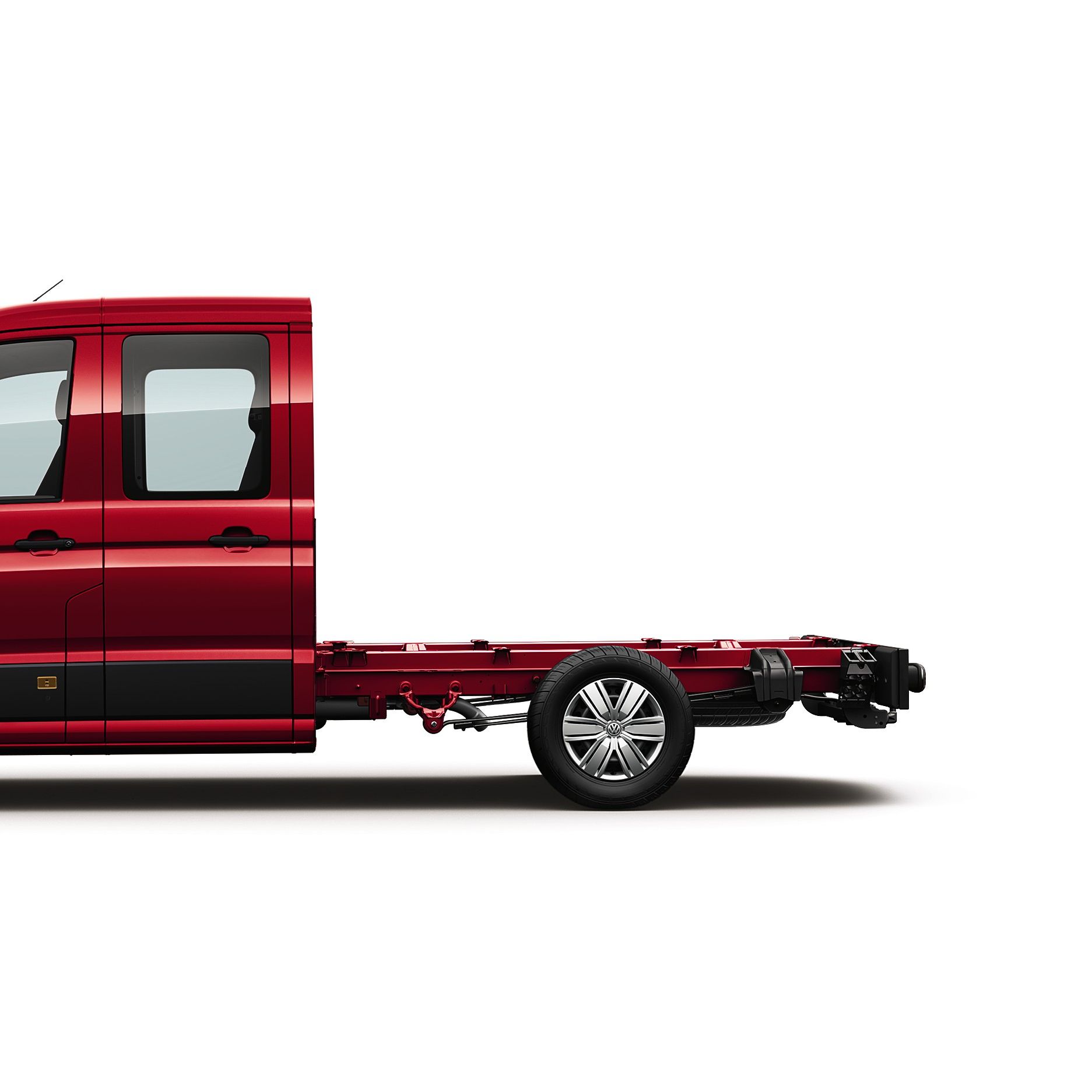 Червен Volkswagen Crafter шаси кабина с двойна кабина, страничен изглед.