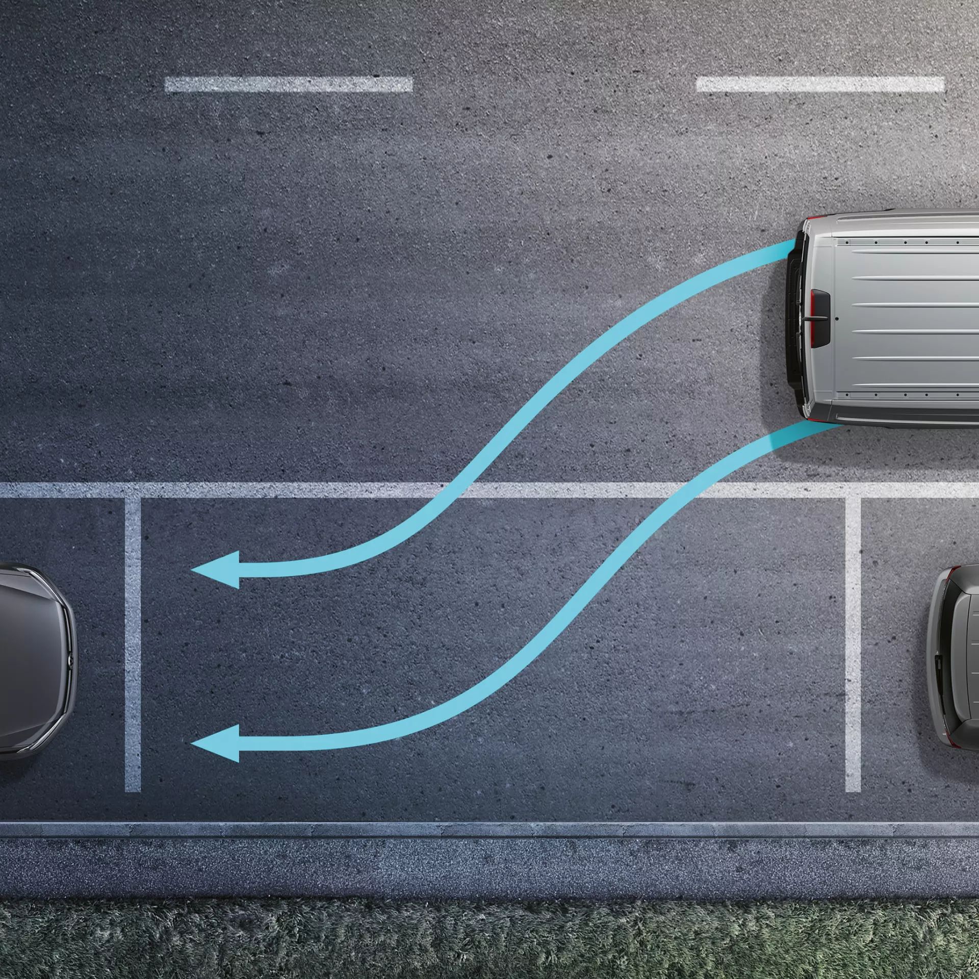 Графика, показваща автоматично паркиране на ван с помощта на асистираща система, илюстрирана с извити сини стрелки.