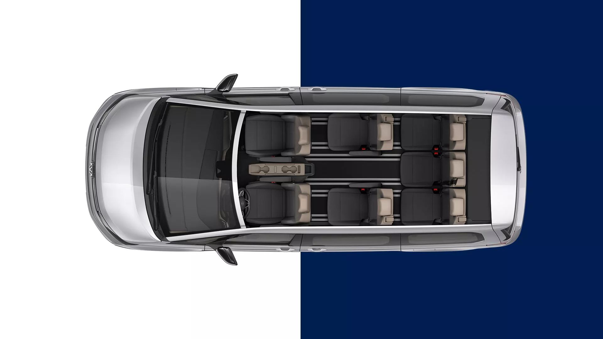 VW Multivan mit 2 Vordersitzen, 2 Sitzen im mittlerem Bereich und 3 Sitzen im hinterem Bereich 